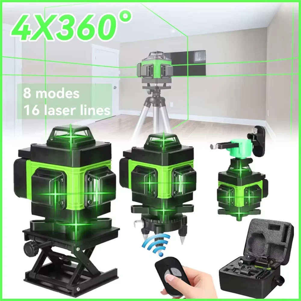Livella laser 4D a 16/12/8 linee, linea verde, ricaricabile, 360 ° Set di livella laser a raggio verde, con livellamento automatico, per misurazioni orizzontali e verticali.