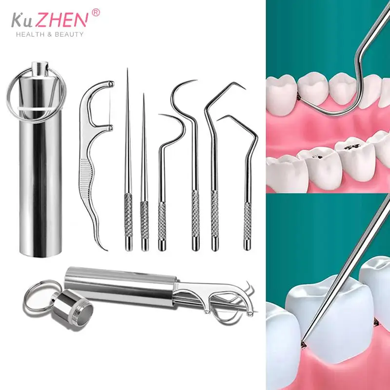 Portable Dental Tool Set Flossing Tooth Picking Tool Metal Stainless Steel Spiral Ear Pick Spoon Kit Oral Hygiene Tartar Removal