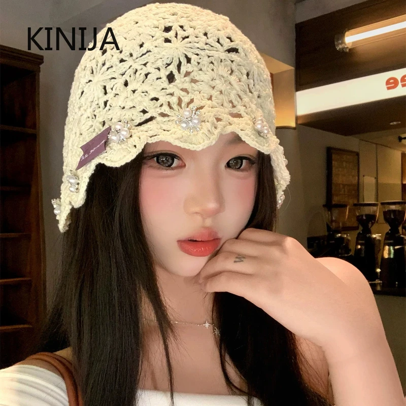 Korean Cute Sweet Crochet Hollow Knitted Hat  Tassel Beanies Cap Women Summer Outdoor Travel Breathable Versatile Pullover Cap