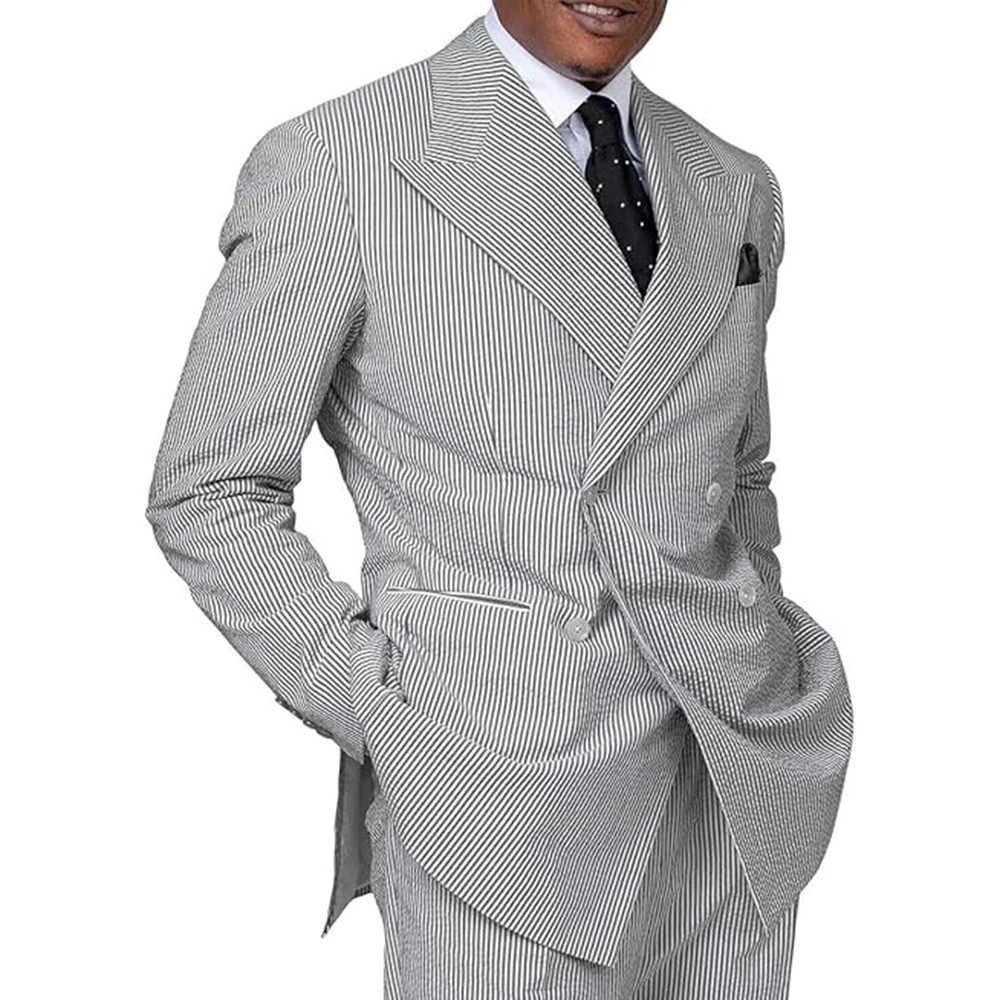 

Casual Men's Gray White Pinstripe Double-Breasted Suit 2 Piece Blazer Pants Set Peak Lapel Slim Fit Office Party Widding Wear