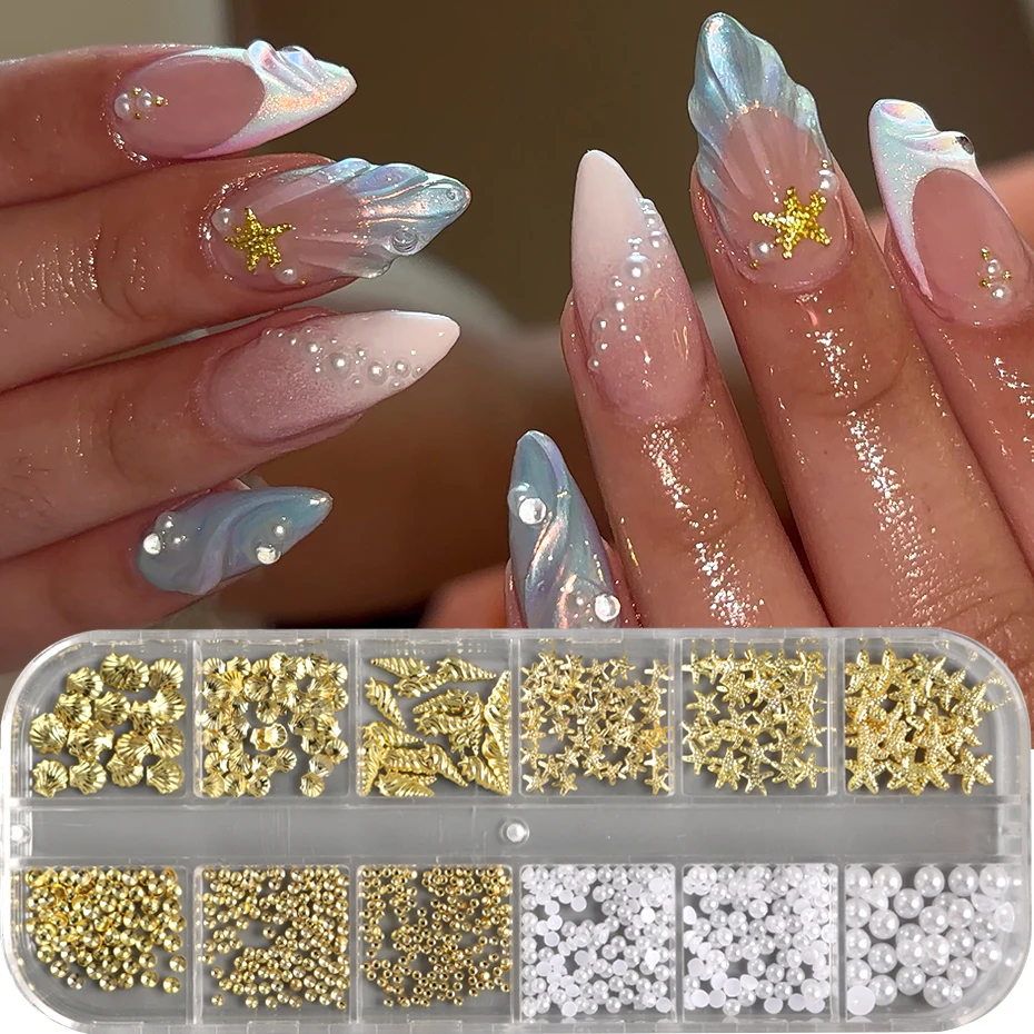 Encantos 3D de estrella de mar y conchas doradas, tachuelas de metal, perlas, cuentas de caviar, tachuelas de verano, decoraciones de arte de uñas 2