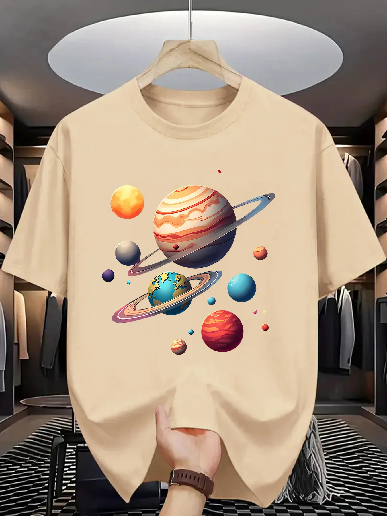 Cartoon Space Planets Print Men Short Sleeve Tshirt Bright Solar System Pattern O Neck Tee Galaxy Style Male Street Fashion Tops