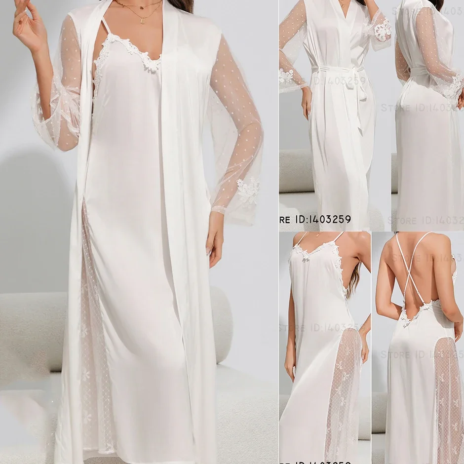 

Свадебный халат невесты, комплект ночной рубашки, сексуальная лоскутная перспективная кружевная ночная рубашка, элегантное домашнее платье из ледяного шелка, одежда для сна