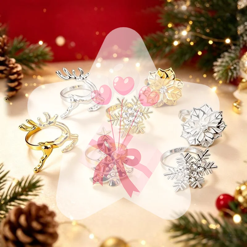 1Pcs Christmas Metal Napkin Ring Xmas Tree Reindeer Snowflake Poinsettia Napkin Holder For Holiday Dinner Table Decoration