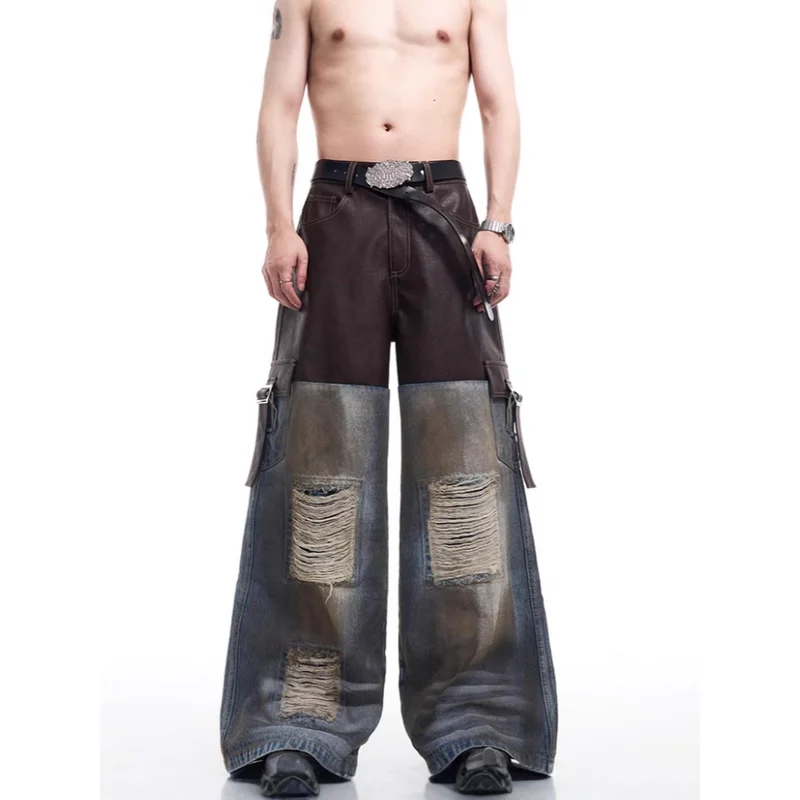 Men's High Street Loose Fit Destroyed Jeans Pants With Leather Patchwork Fashion Patchwed Ripped Denim Trousers Y2K Style