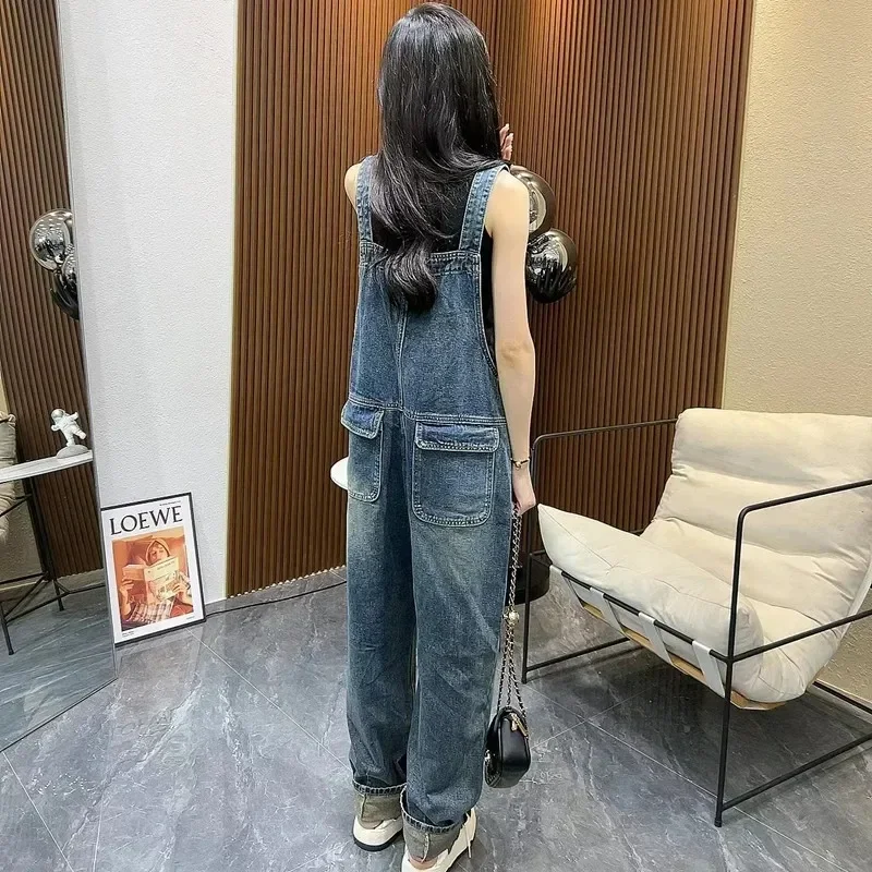 Vintage Blue Jeans Rompers Women's Jumpsuits Casual Streetwear Denim Overalls Loose Wide Leg Dungarees Buttons Cargo Baggy Pants