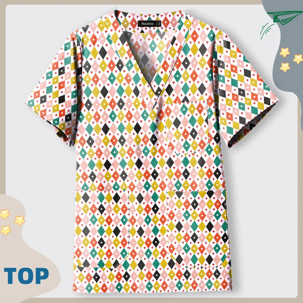 Pet Shop Dustproof Clothes Unisex Scrub Top Animal Print Scrubs Blouse Medical Uniform Hospital Nurse Doctor Workwear Spa Shirts