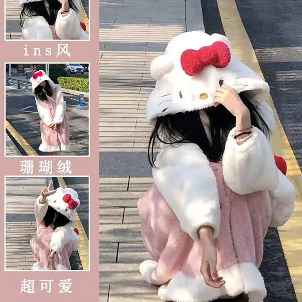 

Kawaii Hello Kitty женские 2 шт. плюшевые пижамы ночной халат костюм Sanrioed аниме домашняя одежда зимняя длинная стильная утолщенная ночная рубашка брюки
