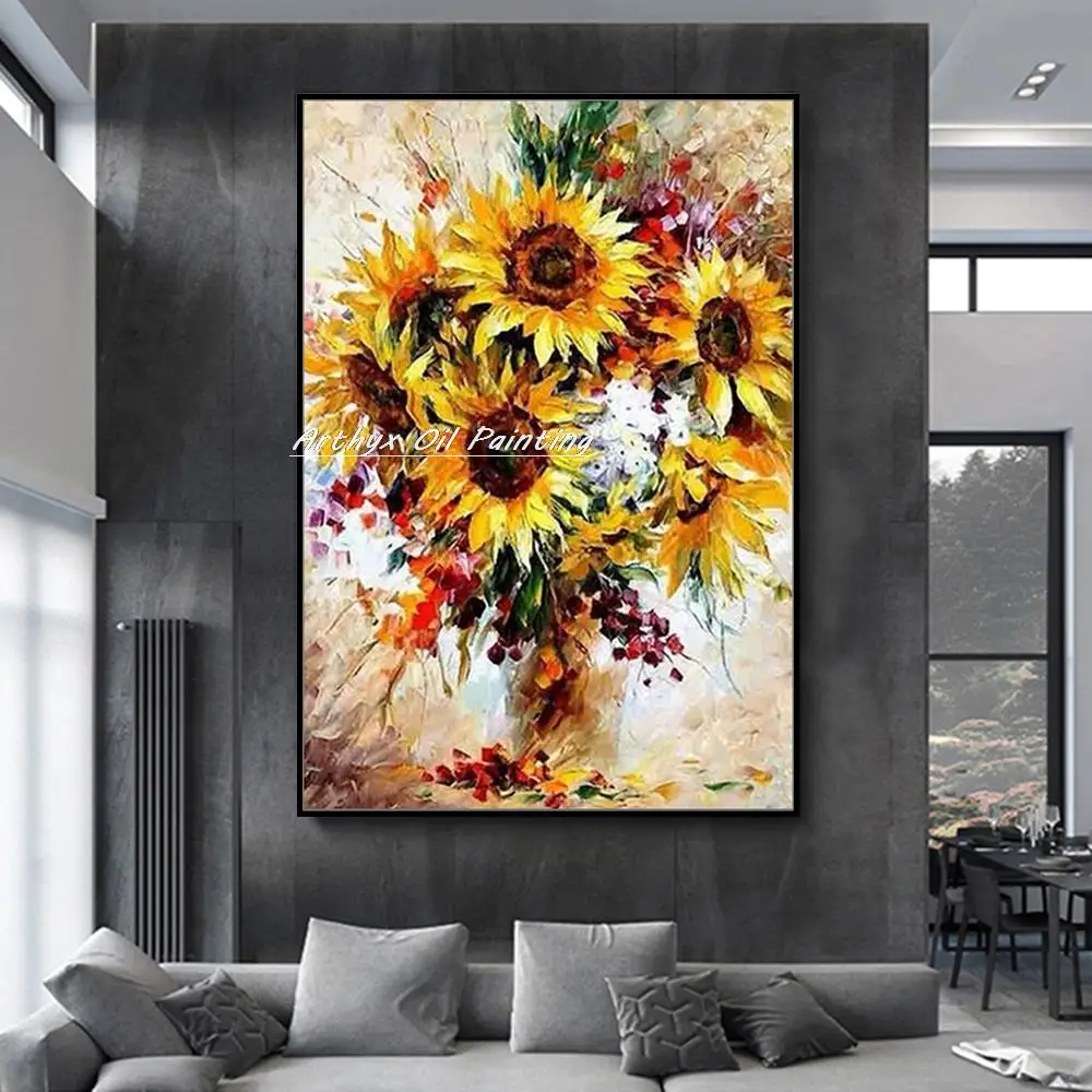 Arthyx Handpainted Abstract Knife Sunflower Oil Painting On Canvas,Modern Home Decoration Large Wall Art,Picture For Living Room