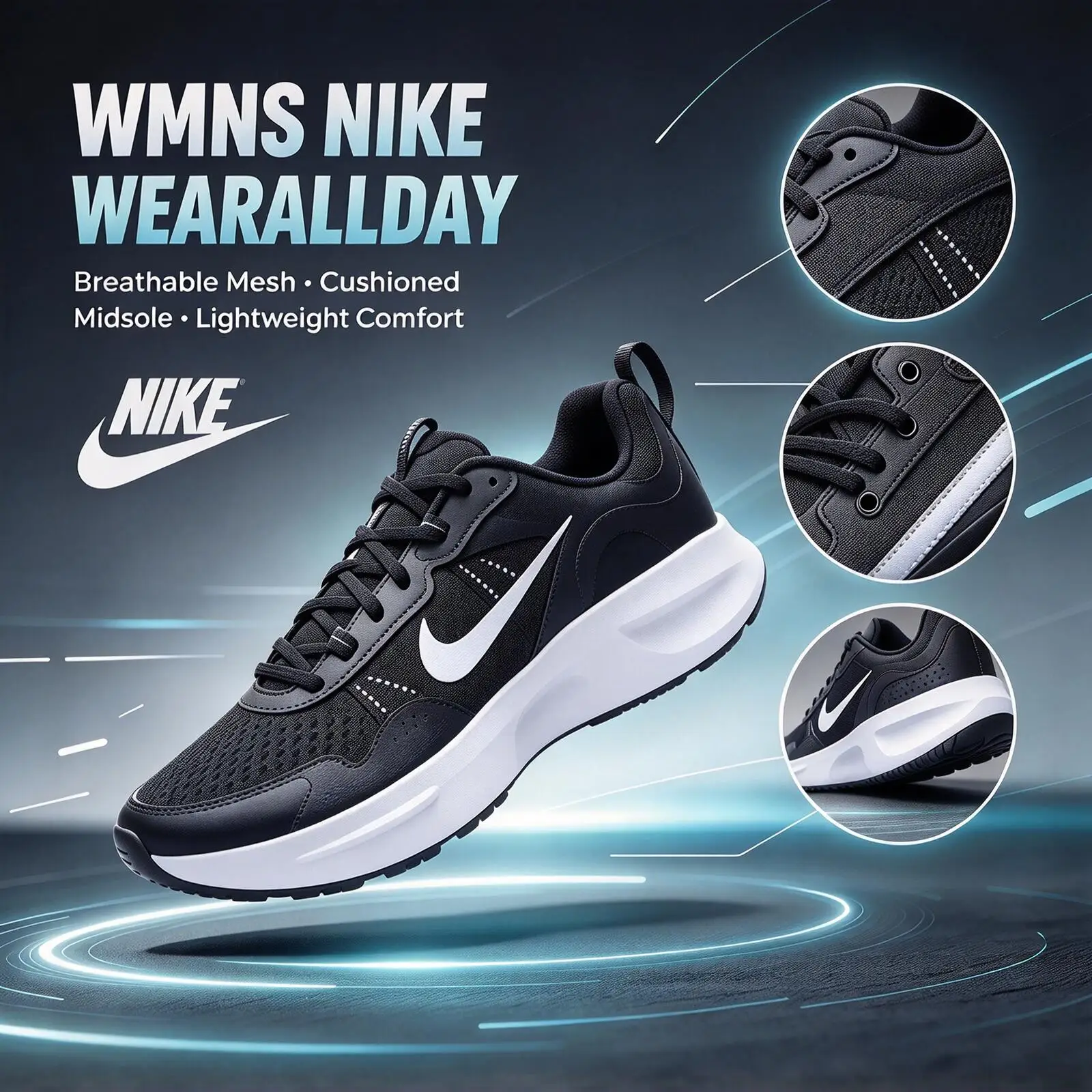 Nike WMNS NIKE WEARALLDAY CJ1677-001 Women Black White Knit Synthetic Mesh Upper Foam Cushion Midsole Rubber Outsole
