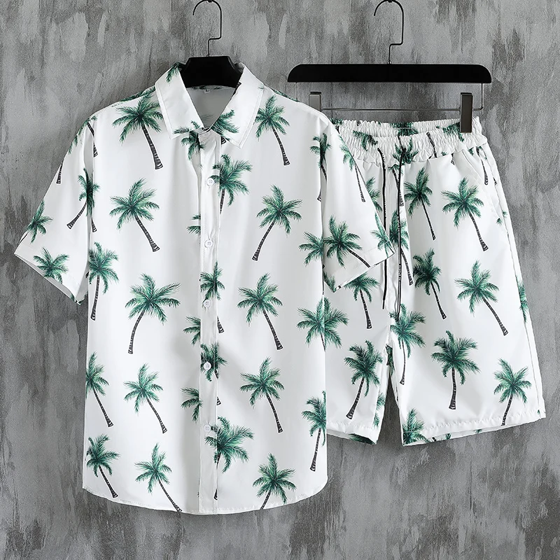 

Popular INS Beach Shirt sets, short-sleeved Shirts And lace-up shorts, New Hawaiian Flower Printed men's clothing, Travel