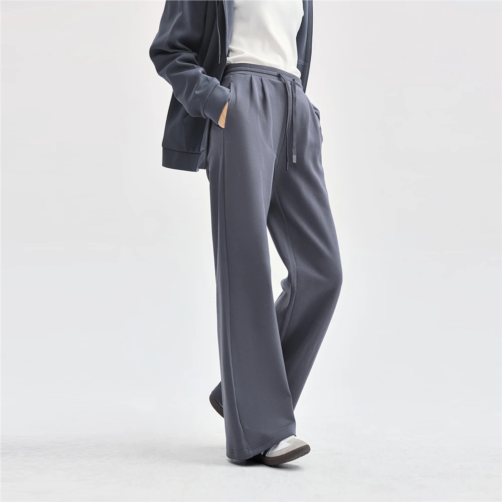 Giordano Women's Knitted Double-Sided Fabric Wide Leg Sweatpants Drawstring Folded Waist Natural Waist Long Cotton Polyester