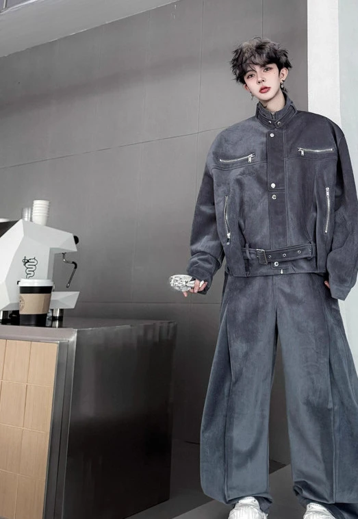 2025 الرجال شتاء جديد النمط الأمريكي شارع العليا الرجعية سستة الرجال السترات مجموعات الراقية وسيم سميكة واسعة الساق السراويل مجموعات