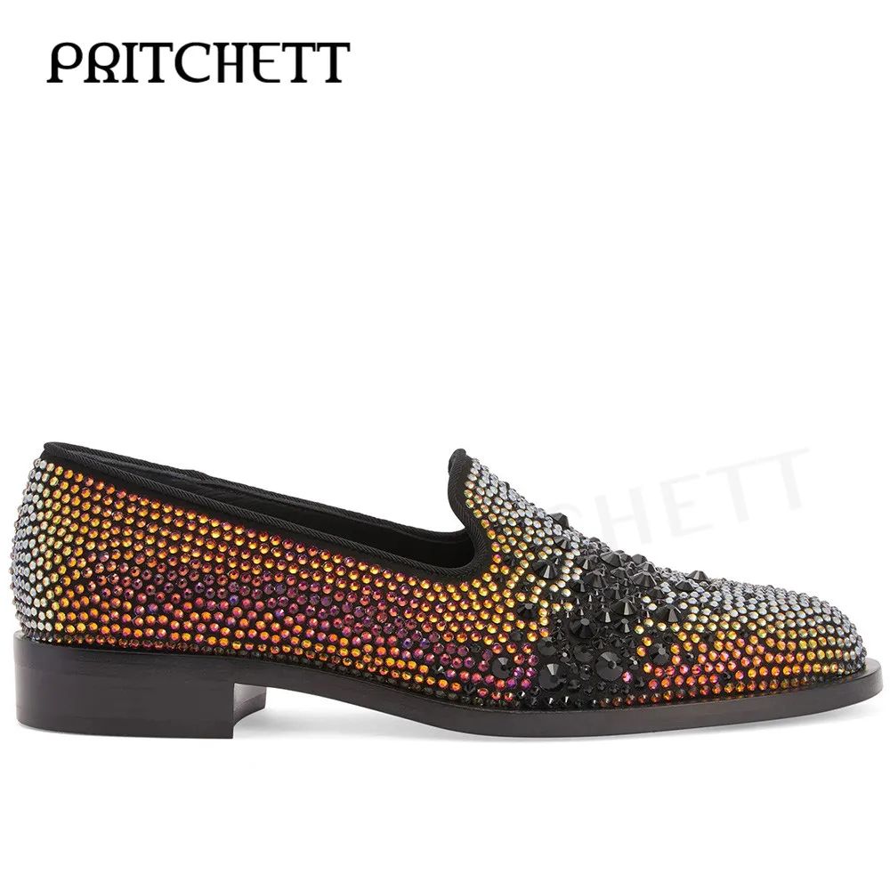 Colorful Crystal Rhinestone Casual Shoes Round Toe Shallow Mouth Square Root Luxury Loafers One-Step Large Size Men's Shoes