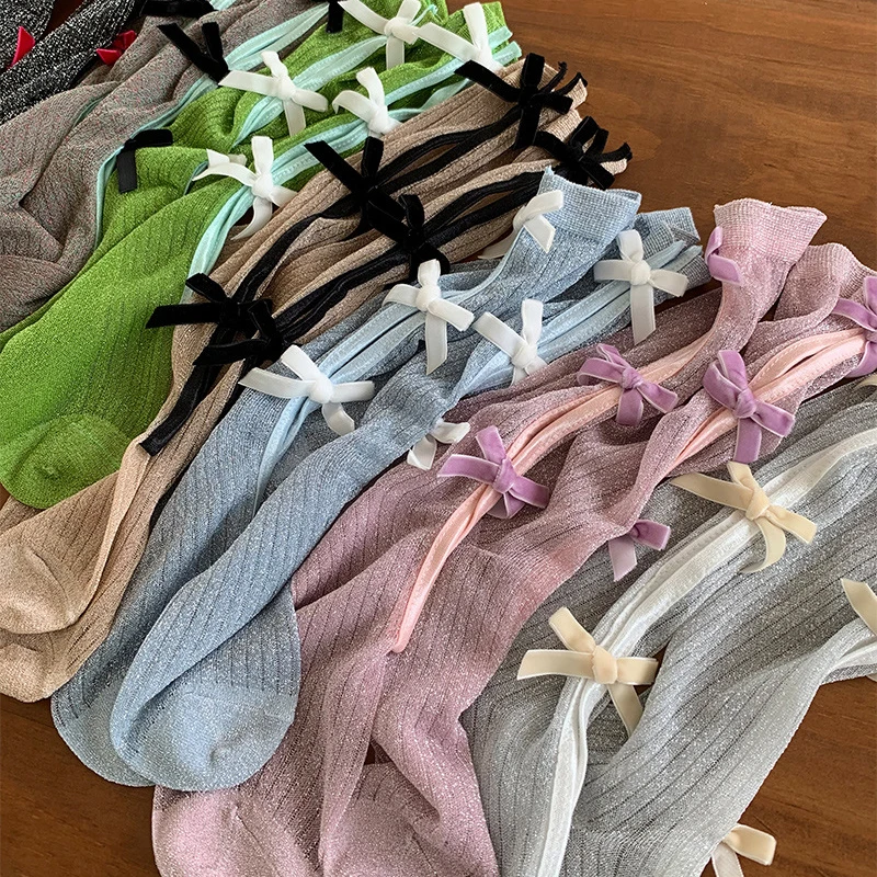 

Women's Socks Korean Shiny Bow Kawaii JK Lolita Sweet Y2K Cool Versatile Fashionable Trendy Socks For Girl Wholesale
