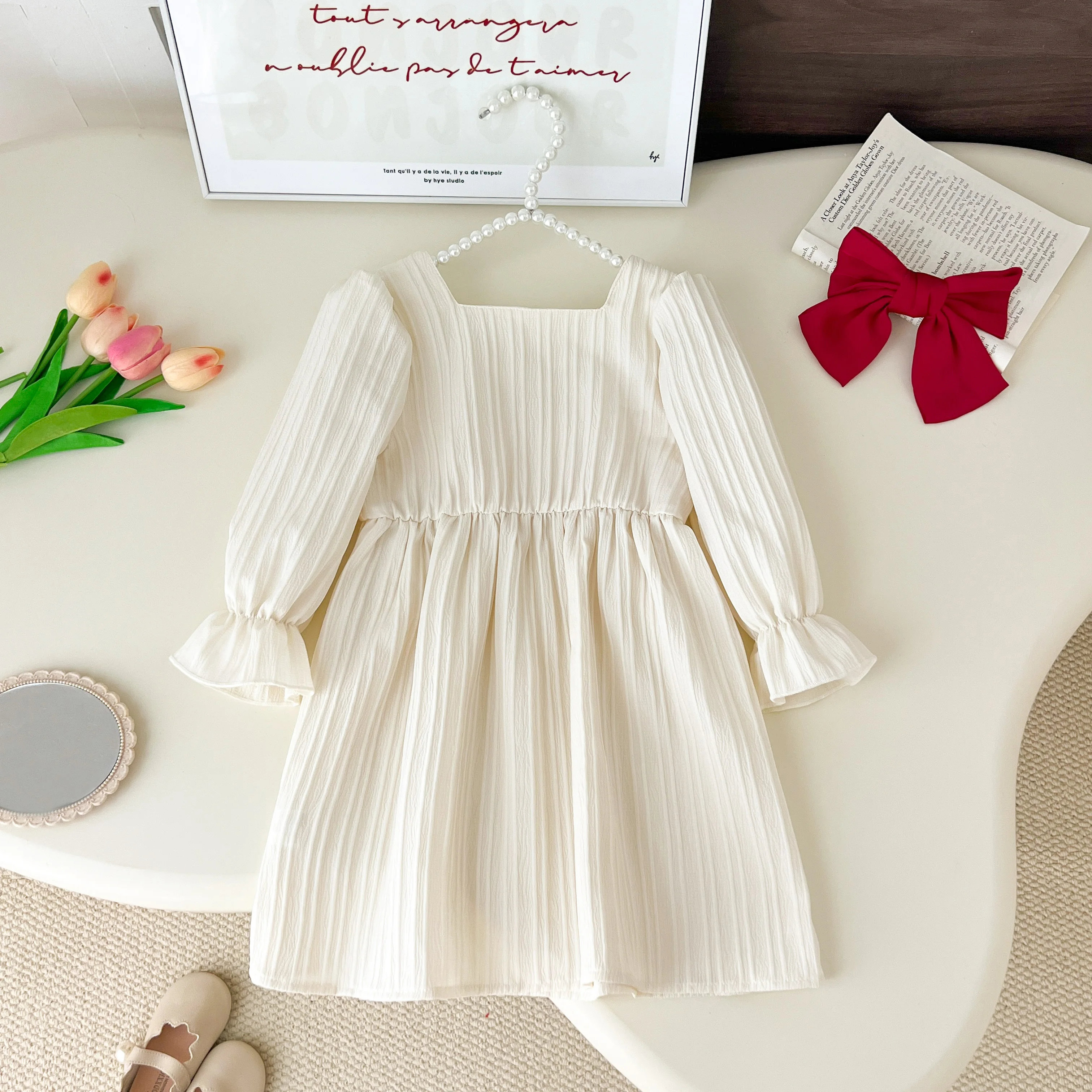 Girls Clothing Dress Autumn Solid Strawberry Patch Chouled Square Neck Long Sleeve Dress Kids Clothes