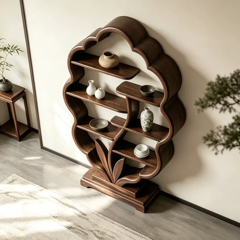 New Chinese Style Solid Wood Bogu Frame Leaf Flower Shape Duobao Ge Display Storage Shelf for Living Room and Study