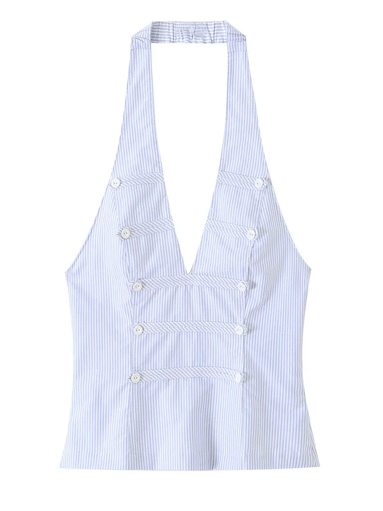 HH Fresh Blue Striped Halter Cropped Tank Top for Women Summer Deep V Double Decor Button Slim Fit Top For Date Casual Office