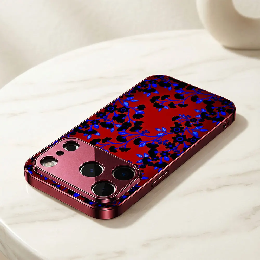 ECOCASE Phone Case For iPhone 17 16 15 14 13 12 11 Pro Max 16E Red Electroplated glass shell  Red and Blue Floral Cover