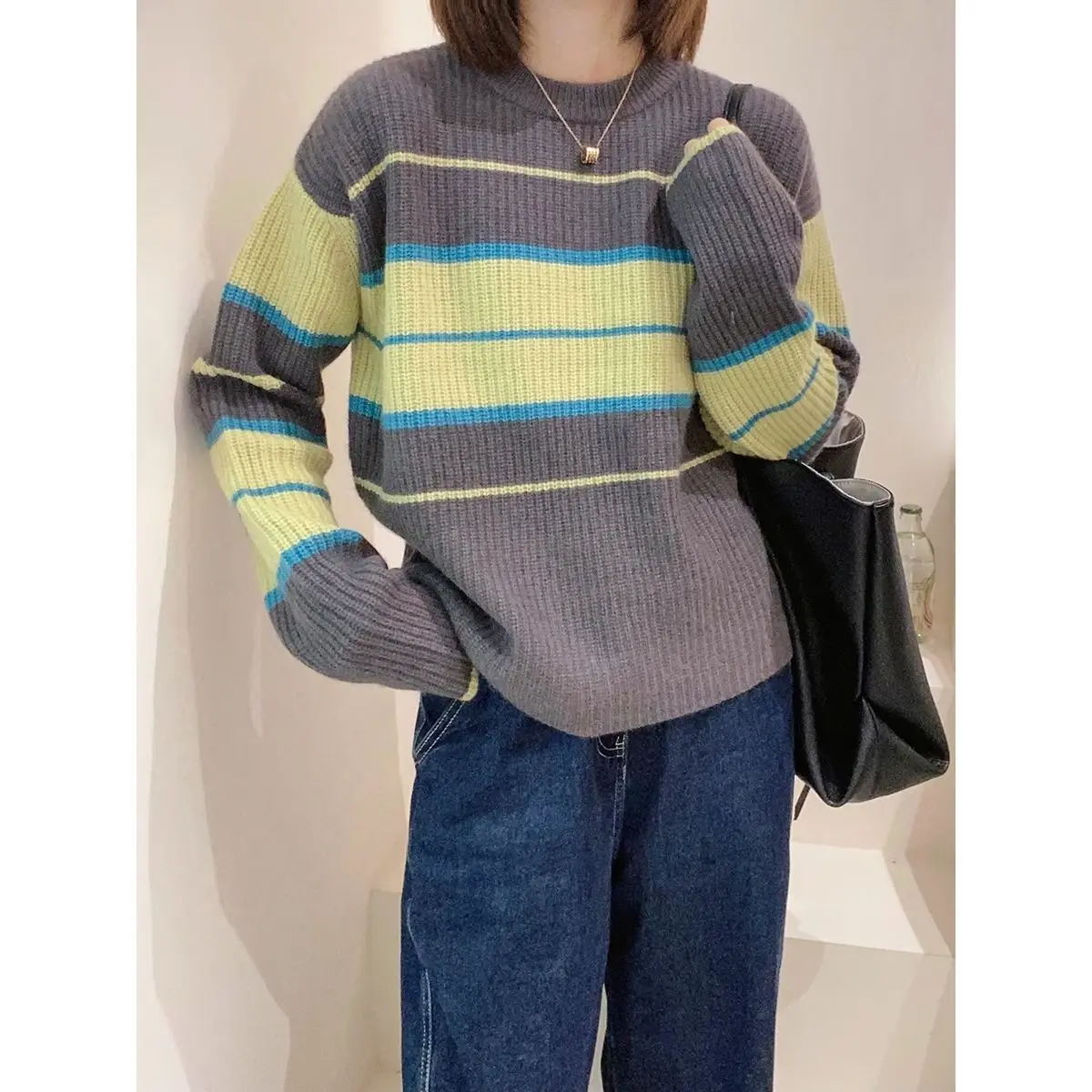 O-Neck Rose Red Gray Colour Striped Patchwork Women Top Color Contrast Thick Sense of Design Fashion Knitting Sweaters Pretty