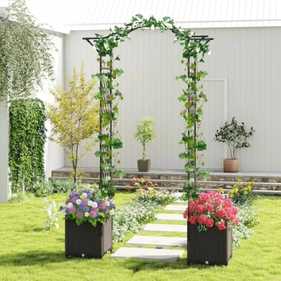 Garden Arch Trellis for outdoor use, made of metal, black color, features 2 self-watering boxes and 8.2 FT height