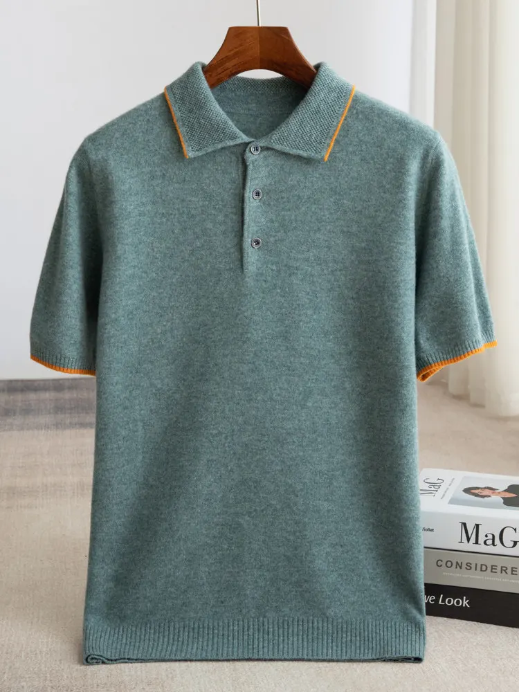 100% Australian wool POLO neck knitted short-sleeved loose large size contrasting color half-sleeved business casual T-shirt top