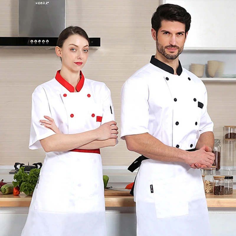 Hotel cozinha chef uniforme unisex respirável duplo breasted cozinheiro jaqueta macacão padaria serviço de alimentos manga curta camisa