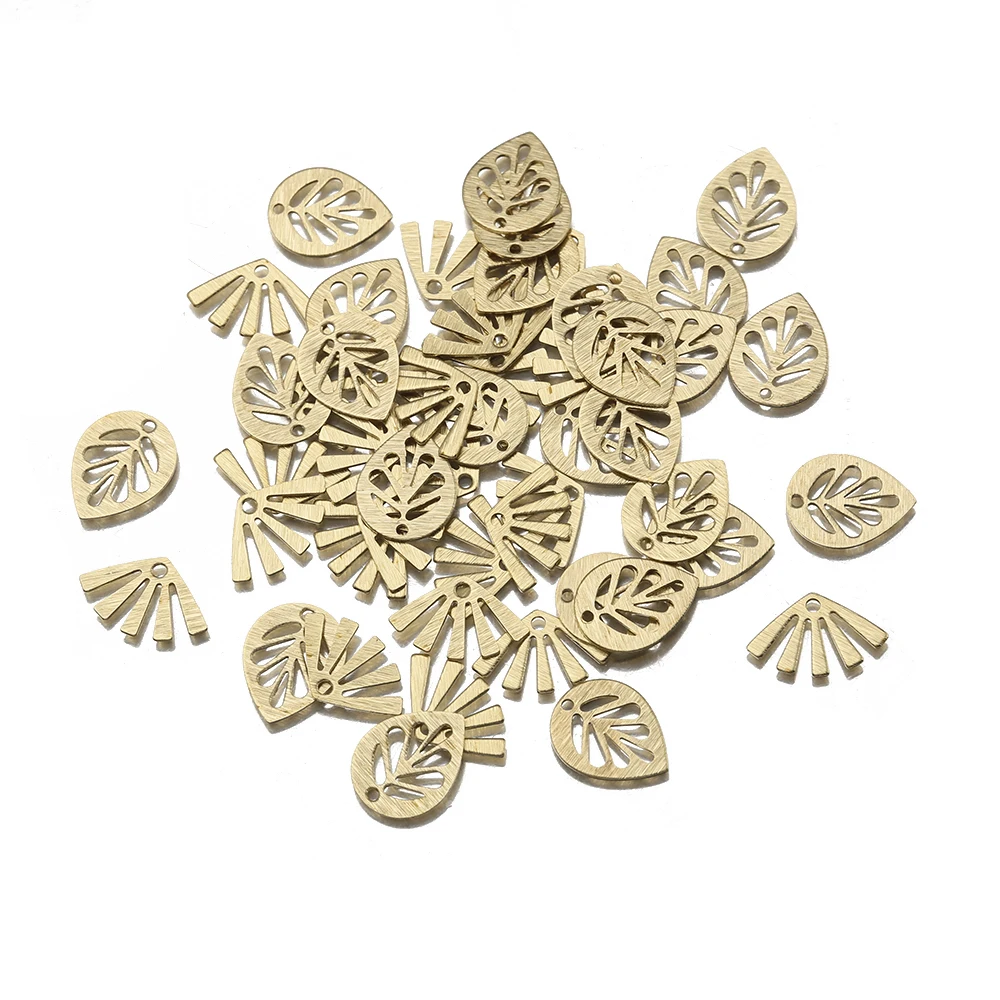 50Pcs/Lot Textured Raw Brass Unique Leaf Chamrs Fan Shaped Sunburst Charms Pendant For Diy Earrings Bracelets Jewelry Making