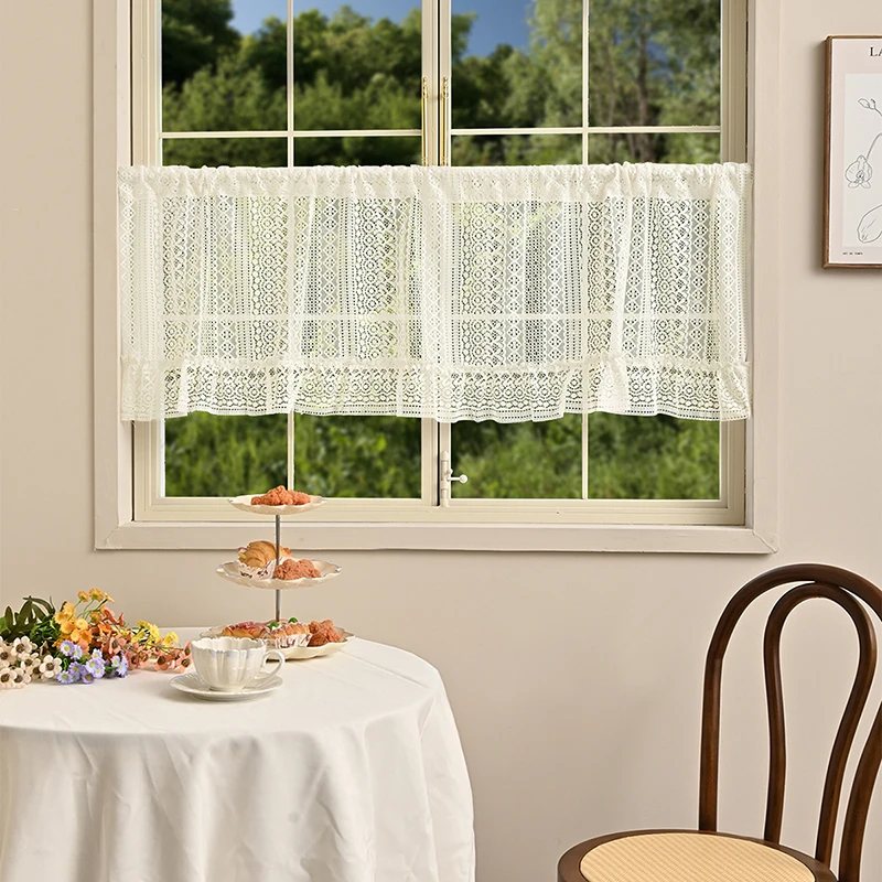 Beige Lace Curtain with Ruffles Vintage Crochet Tulle Sheer Window Curtains for Living Room Bedroom Rod Pocket Drapes Home Decor