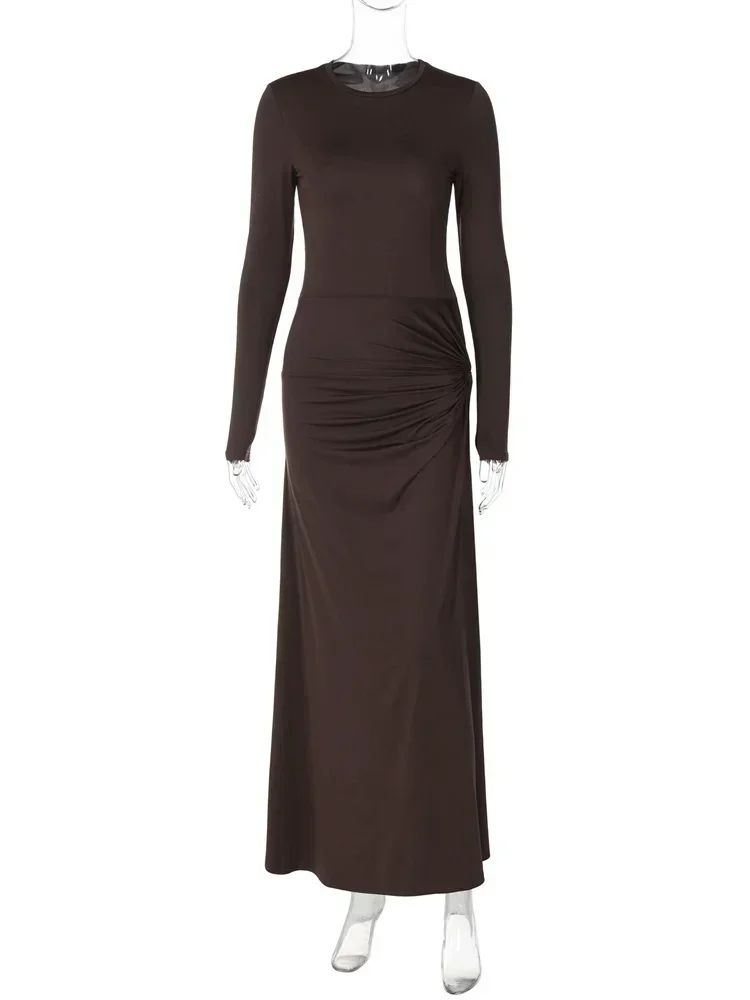Geplooide magere sexy maxi-jurk dames hoge split mode lange mouw patchwork uitgeholde jurk vrouwelijke effen lange jurk