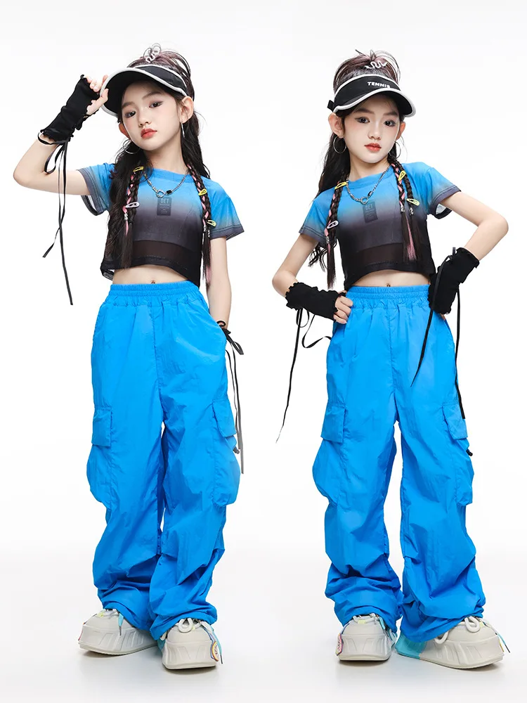 Haut court en maille semi-transparente pour filles, ensemble Hip Hop, t-shirt bleu, pantalon cargo Wstring de proximité, vêtements de costume de danse jazz pour enfants