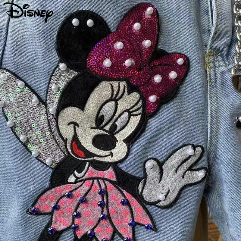 Disney New Arrival Top Fashion Cotton Women Embroidery Beading Mickey Mouse Female Summer Big Irregular Flash High Waist Short