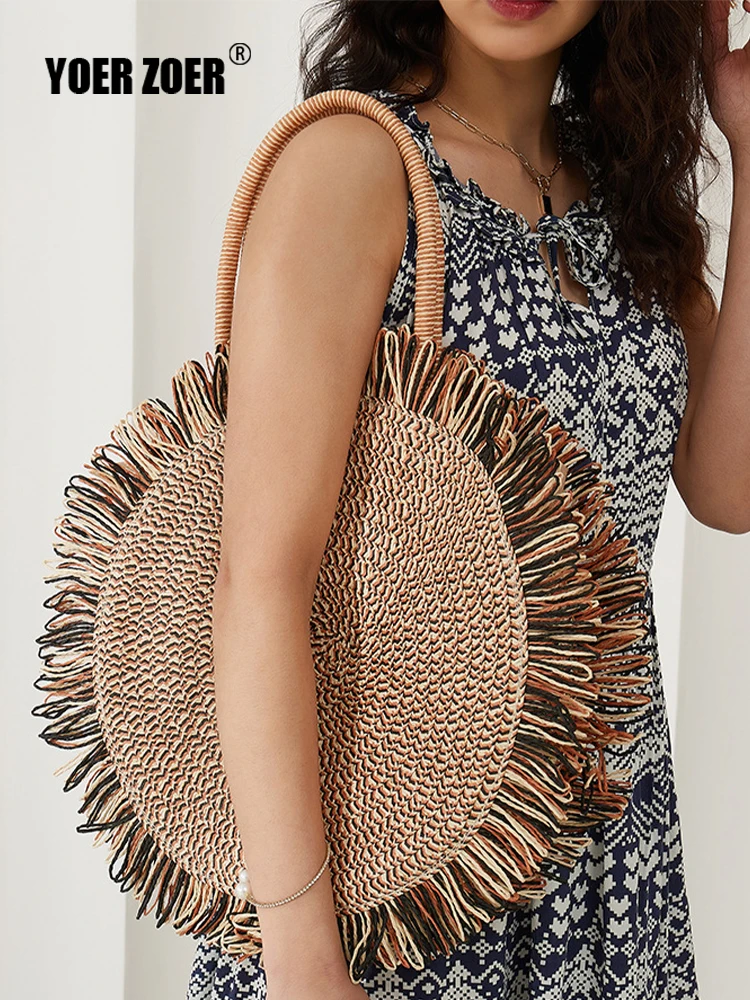 Women's shoulder bag round tassel Straw bag holiday style beach handbag holiday style spring and summer street style