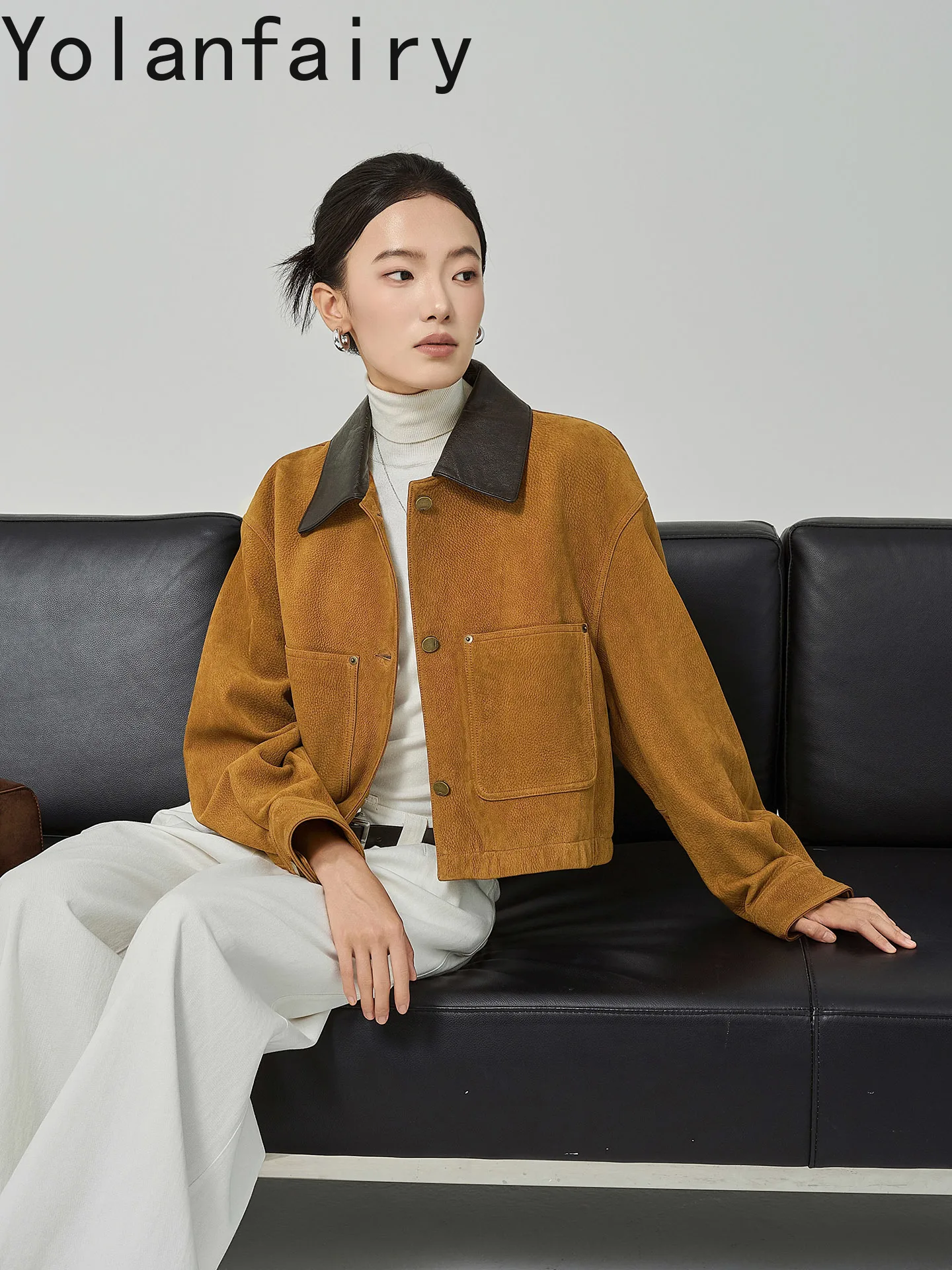 YOLANFAIRY Luxury Suede Goatskin Genuine Leather Jacket Women Elegant Short Real Woman Leather Coats High Quality кожаная куртка