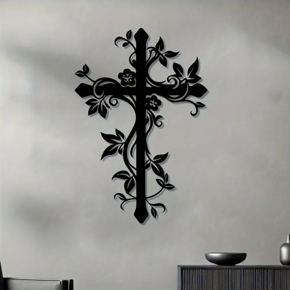 CIFBUY Metal Wall Art,2D Flat Laser Cut Cross Vine Iron Hanging Sculpture,Rustproof Powder‑Coated Wall Decor