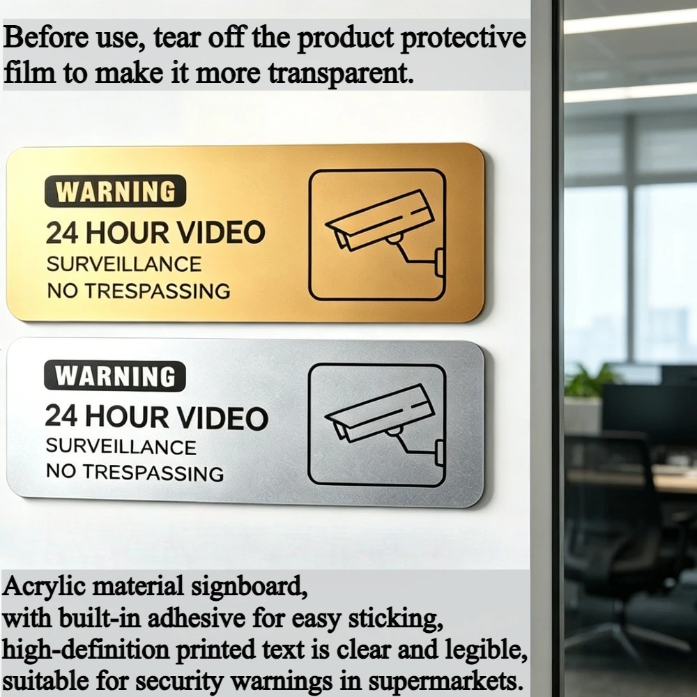 24 Hour Video Surveillance Warning Sign, Double Color Gold Silver Acrylic No Trespassing Security Notice Plaque for Store Mall view 4