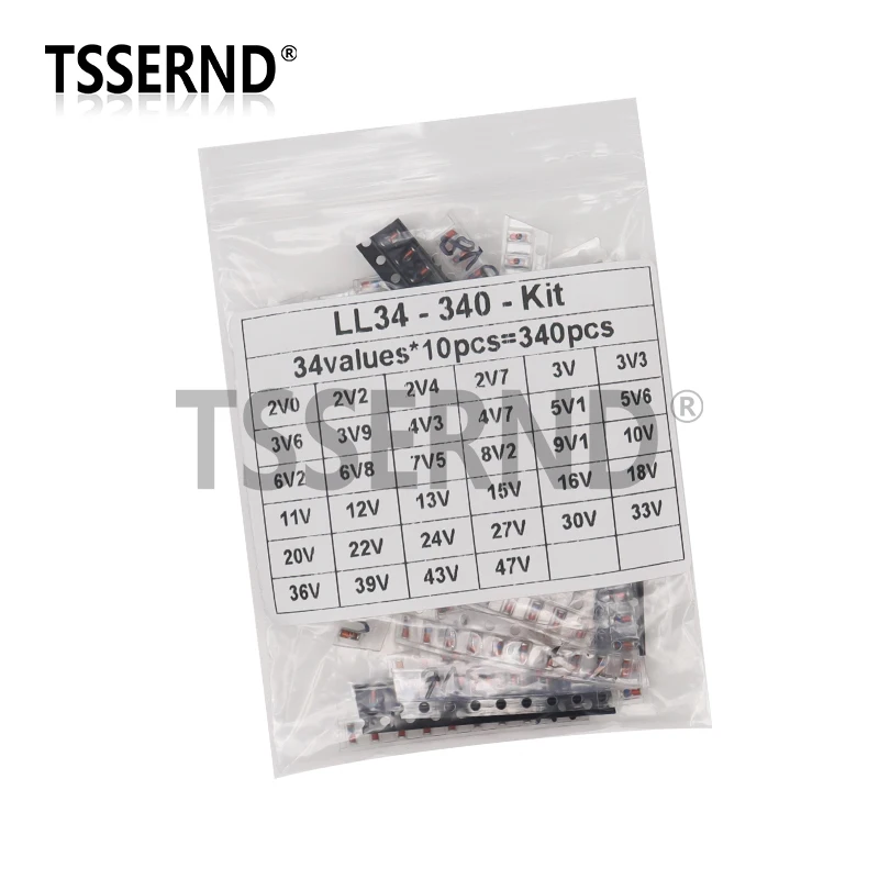 340pcs 1/2W LL34 SMD Zener Diode Assorted Kit 0.5W 2V - 47V 34Values Each 10pcs DIY Sample Pack