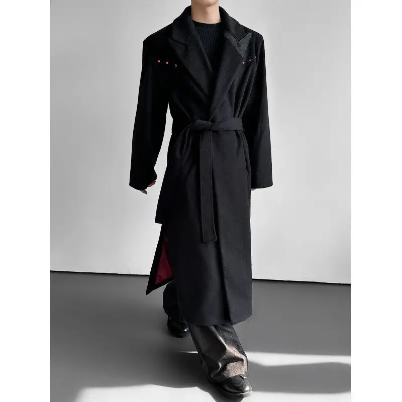 

Winter Thiened Men's Woolen Coat Long Faionable oulder Pad Design Red Diamond Embellied Classic Stand Fit Coat