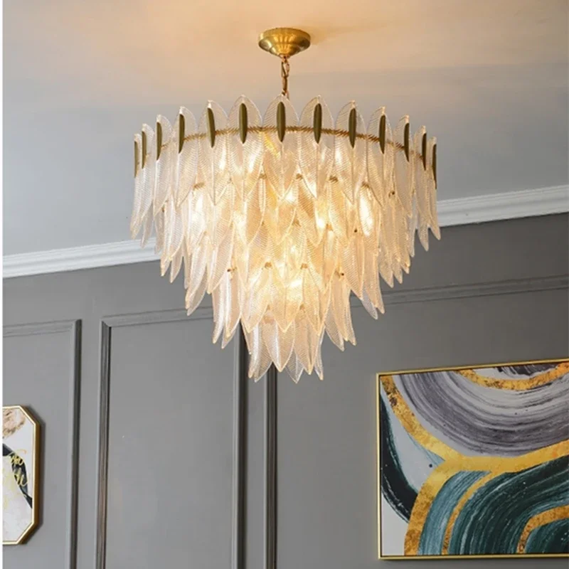 Nordic Style Light Luxury Pendant Lamp For Bedroom Living Room Restaurant Hotel Villa Multi Layered Leaf Glass Chandelier