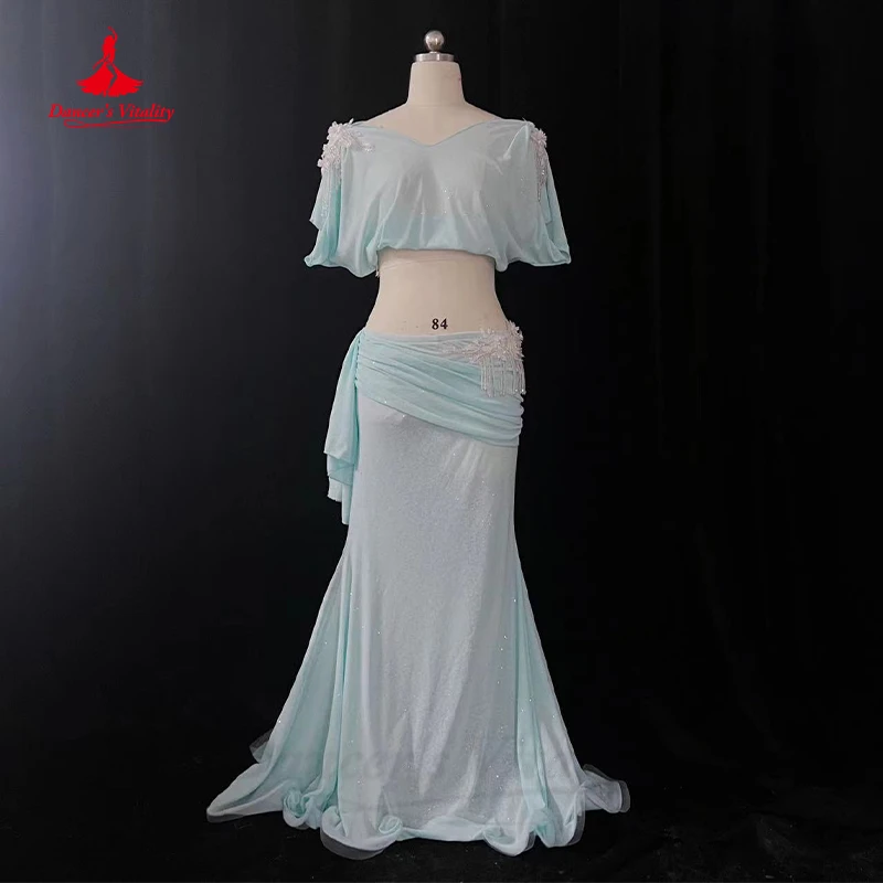 Belly Dance Professional Costume Suit Loose Half Sleeves Top+Fishtail Skirt 2 Pcs for Women Oriental Belly Dancing Wear Clothing