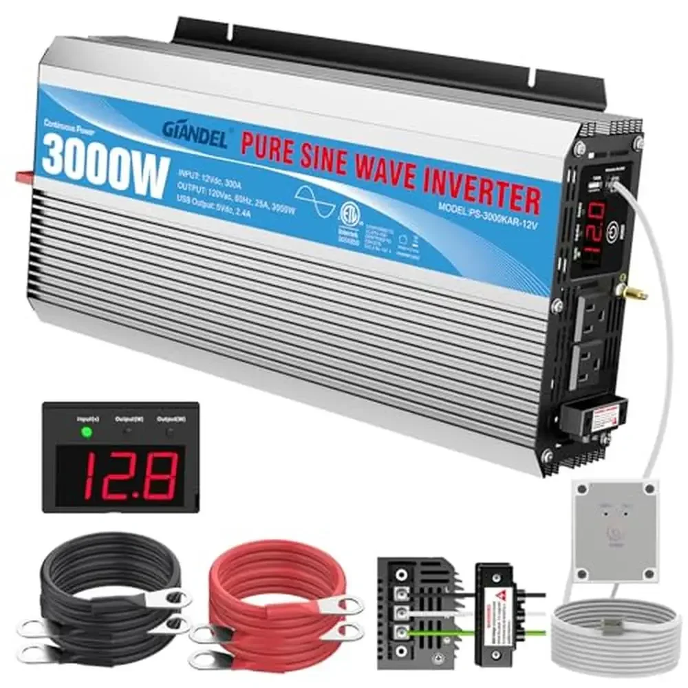 

3000W Pure Sine Wave Power Inverter ETL UL458 Listed 12V DC to 110V 120V AC Remote 30A Hardwire Terminals Ideal High Power