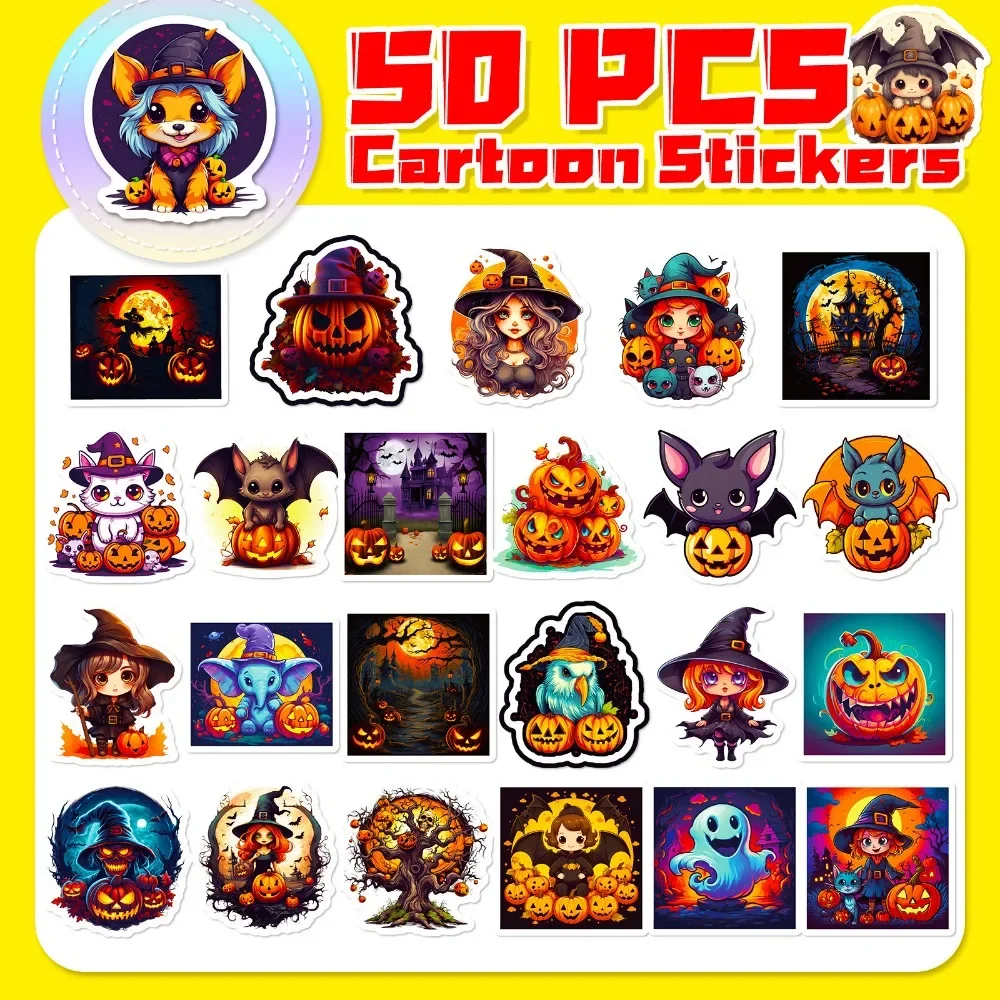 50pcs Cartoon Halloween Pumpkin Bat Castle Graffiti Sticker DIY Laptops Water Bottles Decorative Stickers Classic Toy for Kids