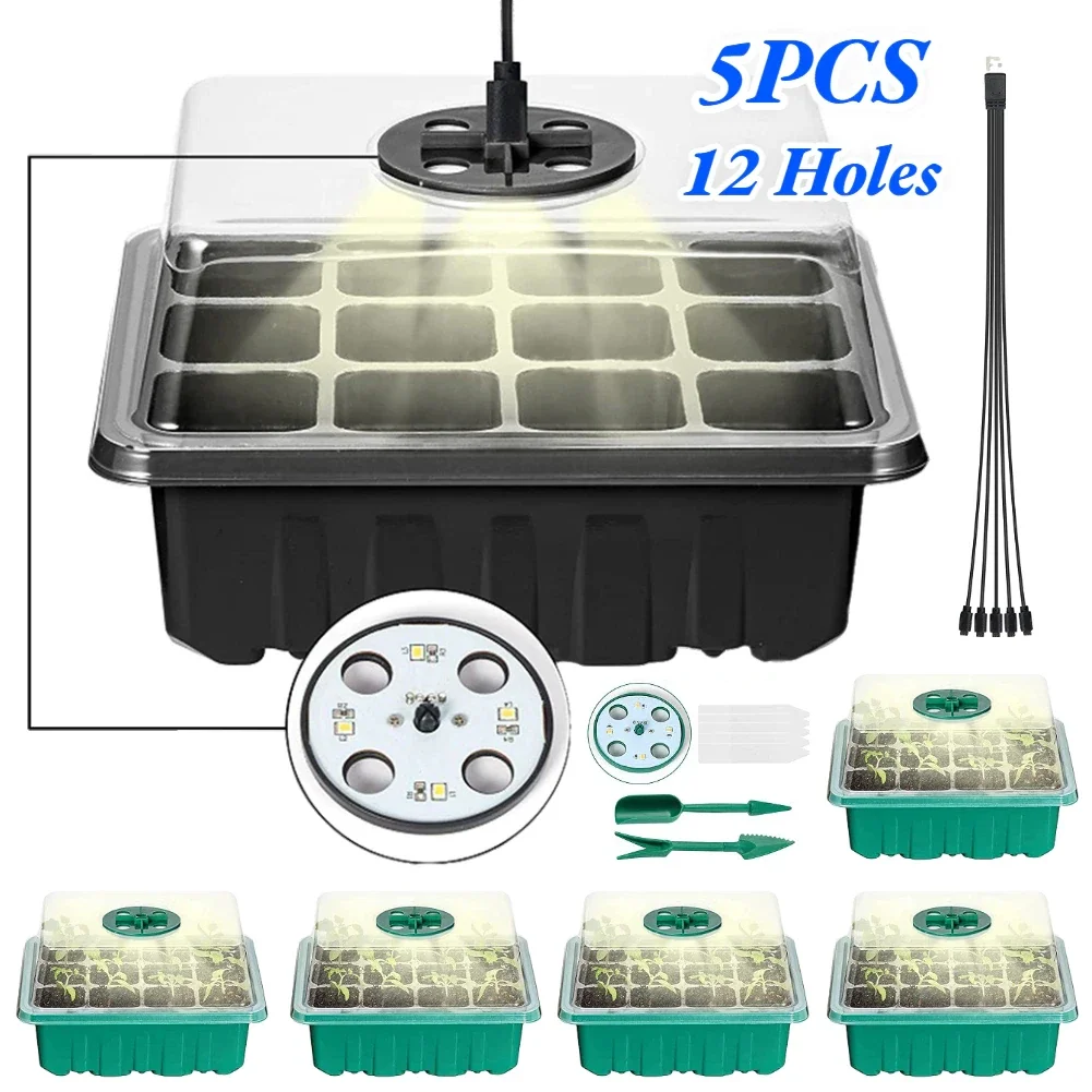 

5 Pack Seed Starter Trays with Grow Light Reusable Seedling Tray Greenhouse Germination Kit for Seed Growing Garden Nursery Pot