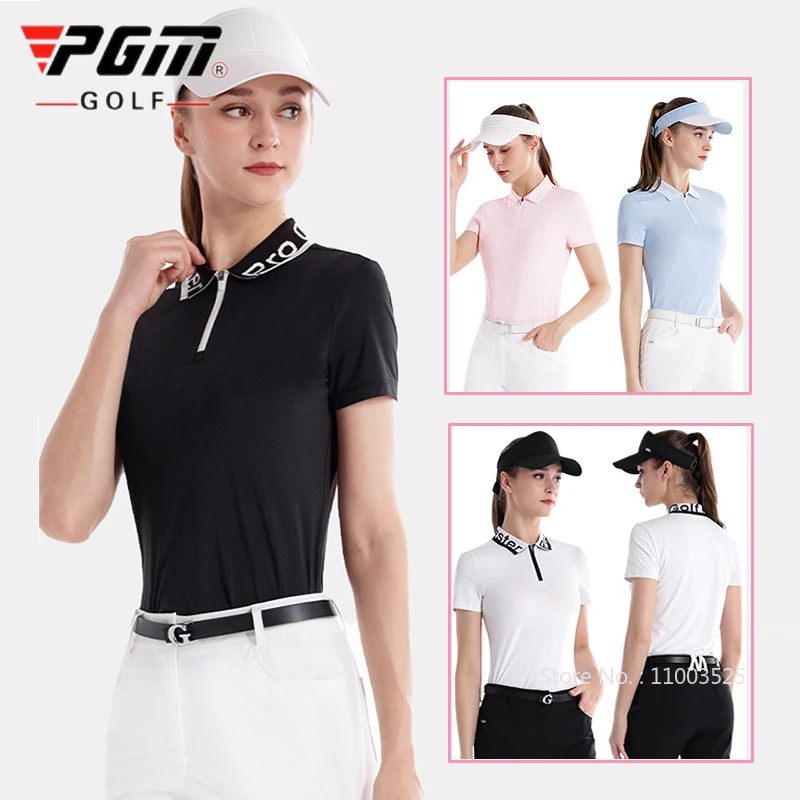 

2024 Pgm Summer Golf Shirts Women Short Sleeve Quick Drying Fashion Tops Ladies Zipper Collar Casual T-Shirts Golf Apparel