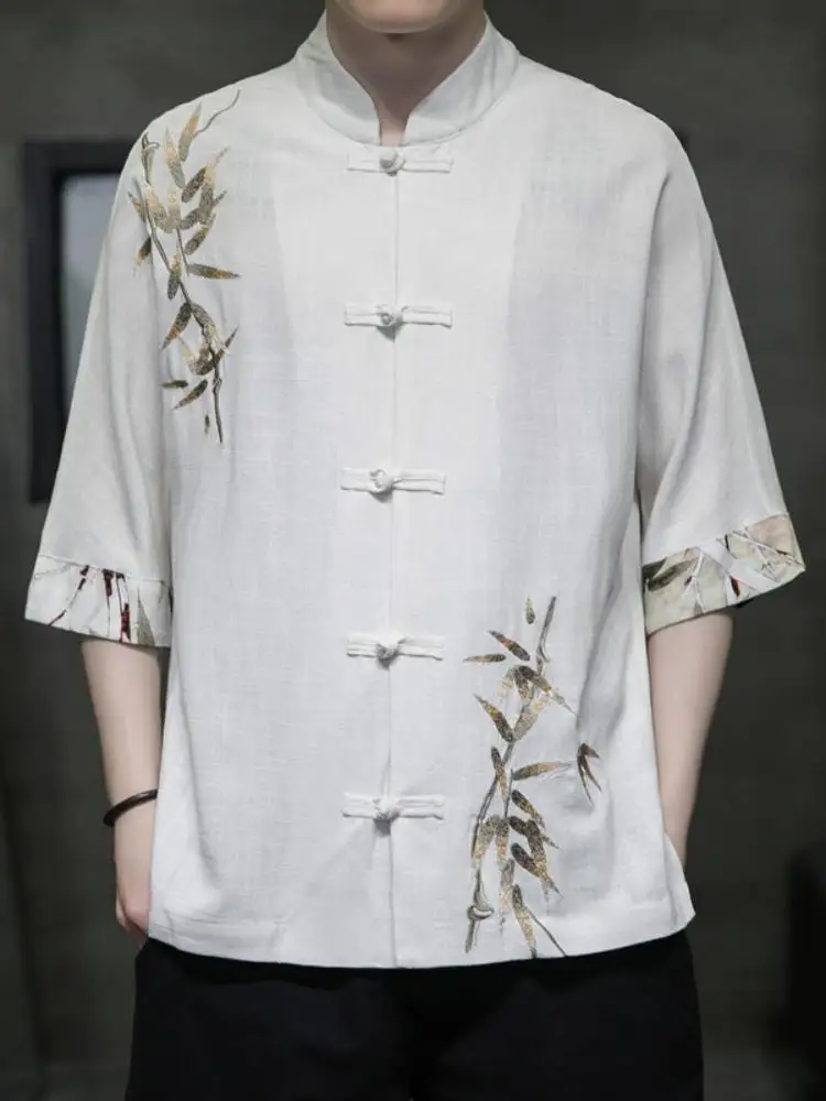 

Мужская свободная льняная рубашка с коротким рукавом, летняя, повседневная, винтажная, в стиле Тан, Ханьфу, модная, брендовая, универсальная, на пуговицах, дышащая