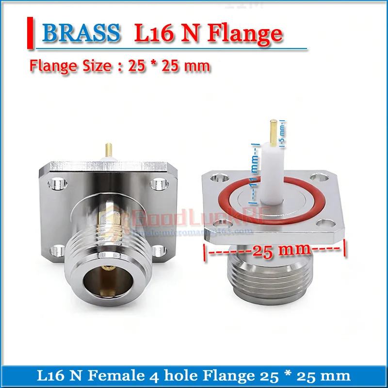 L16 N Female 4 hole Flange Panel Chassis Mount 25 * 25 mm Waterproof ring PTFE 11mm pin 5mm Copper N-KFD RF Connector Adapters