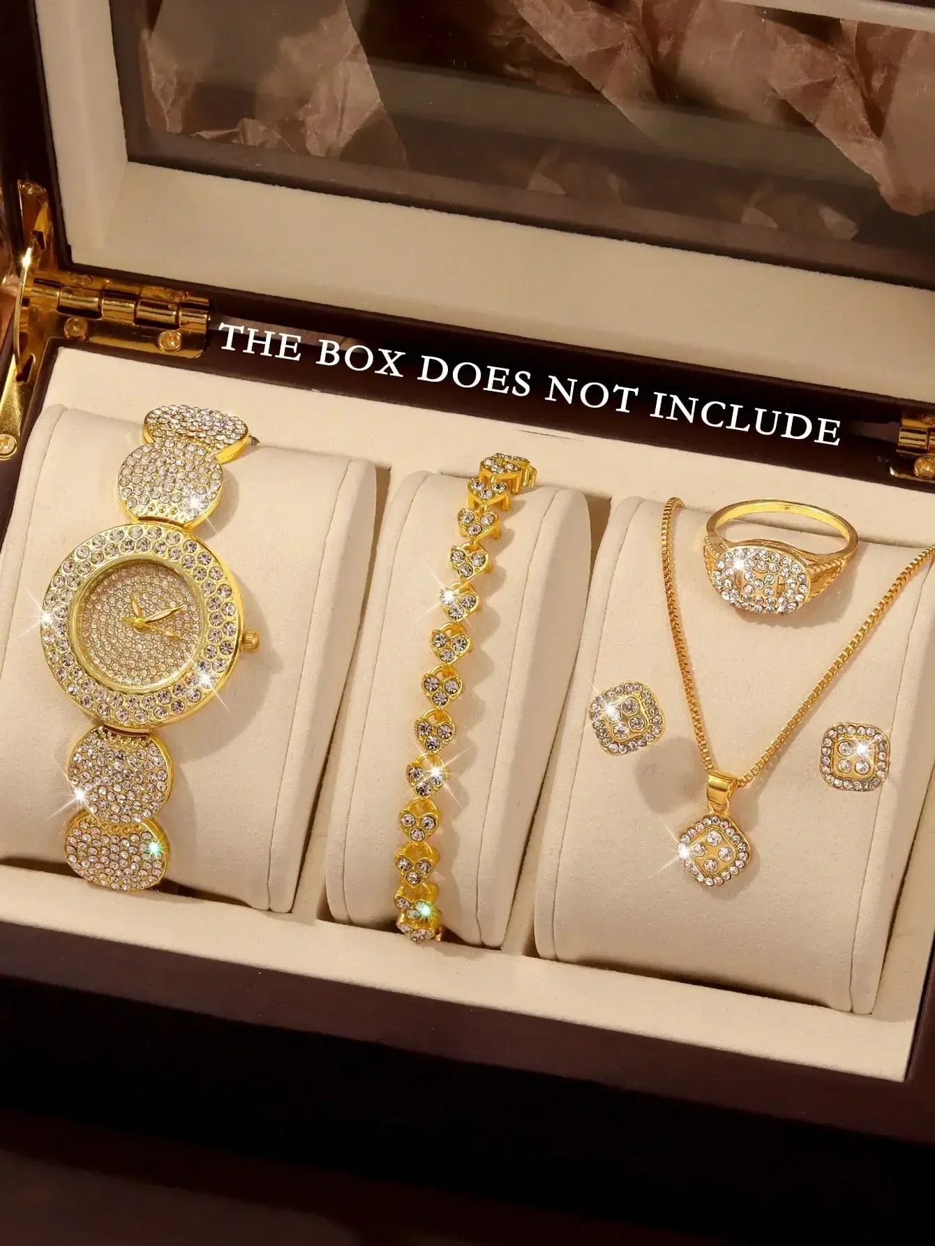 Full Rhinestone Round Watch 5Pcs Jewelry Set Quartz Wristwatch Square Diamond Necklace Earrings Ring