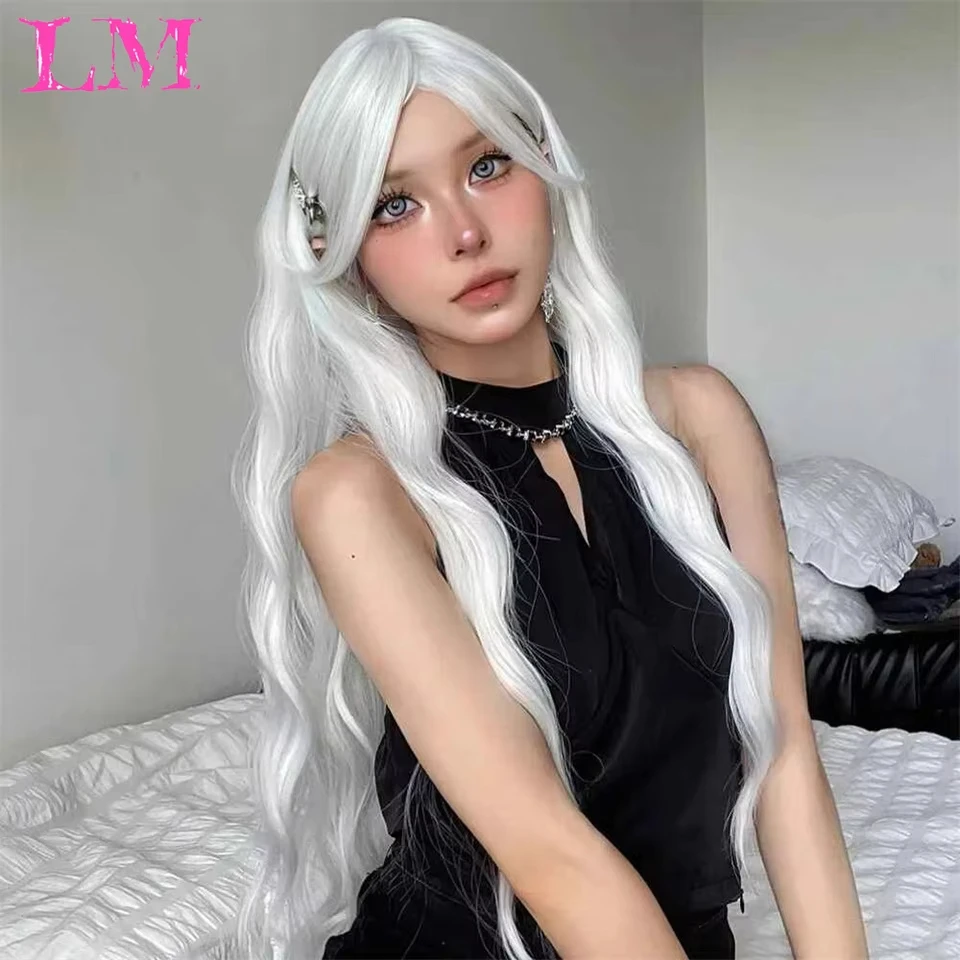 LM Synthetic Wig Long Silver White Wig Medium Part Water Wave Wigs For Women Daily Cosplay Halloween Colorfull Fake Hair