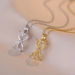Stainless Steel Chain Classic Shiny Zircon Sand Clock Pendant Necklace for Women Lady Vintage Jewelry Accessories Gifts