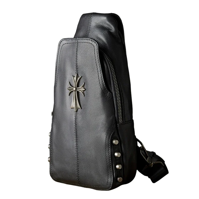 Sac de poitrine en cuir de vachette véritable fait à la main pour hommes, messager multifonctionnel, rétro lancé, bandoulière décontractée en cuir de vachette, punk